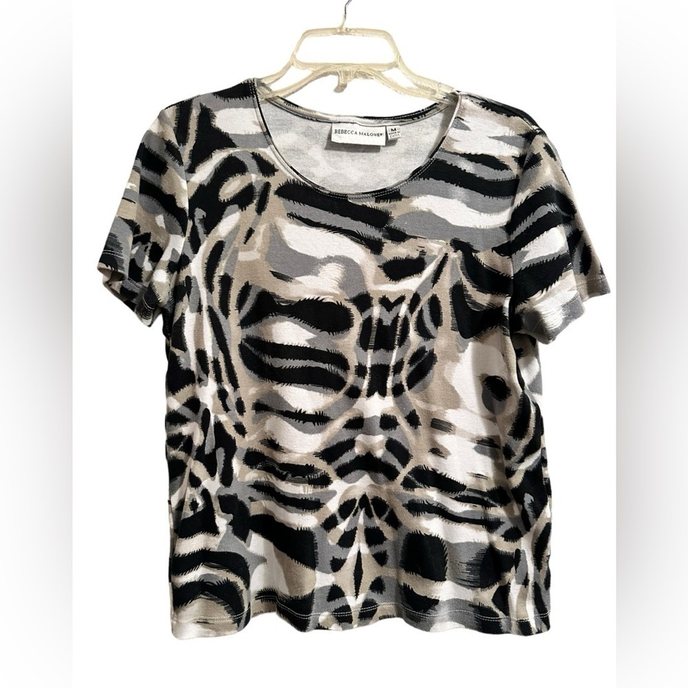 Rebecca Malone Animal Print Blouse, Womens Medium, White, Black, Gray & Taupe